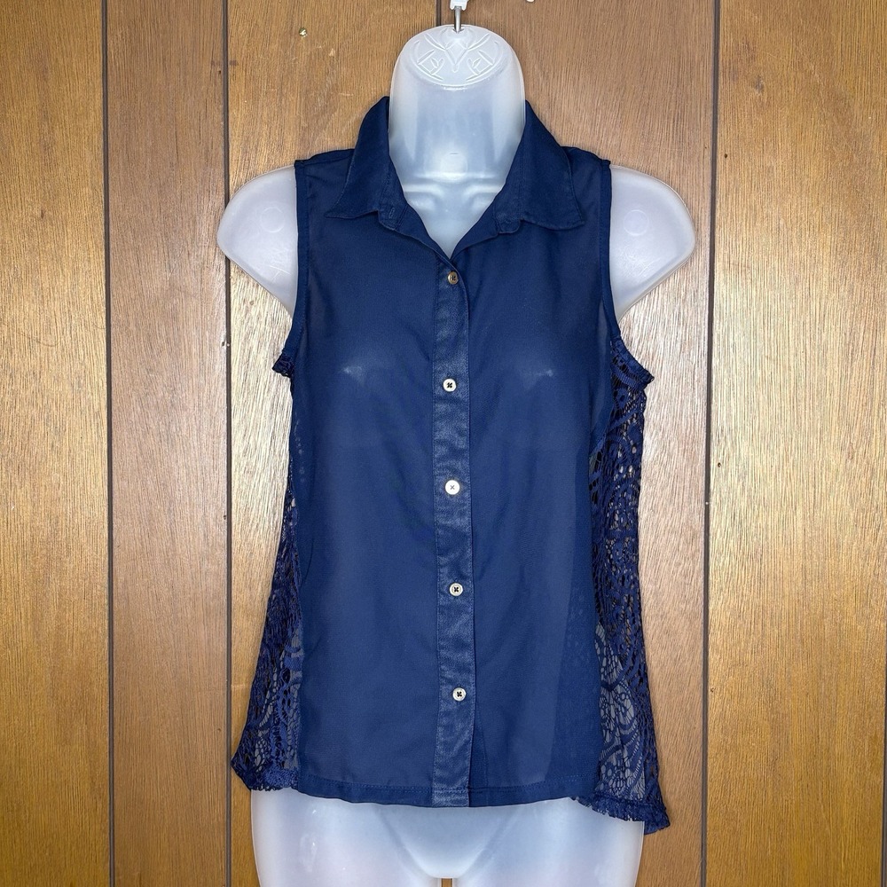 Arizona Jean Co Blouse Women's L Navy Sheer Lace Panel Boho Western Y2K Festival